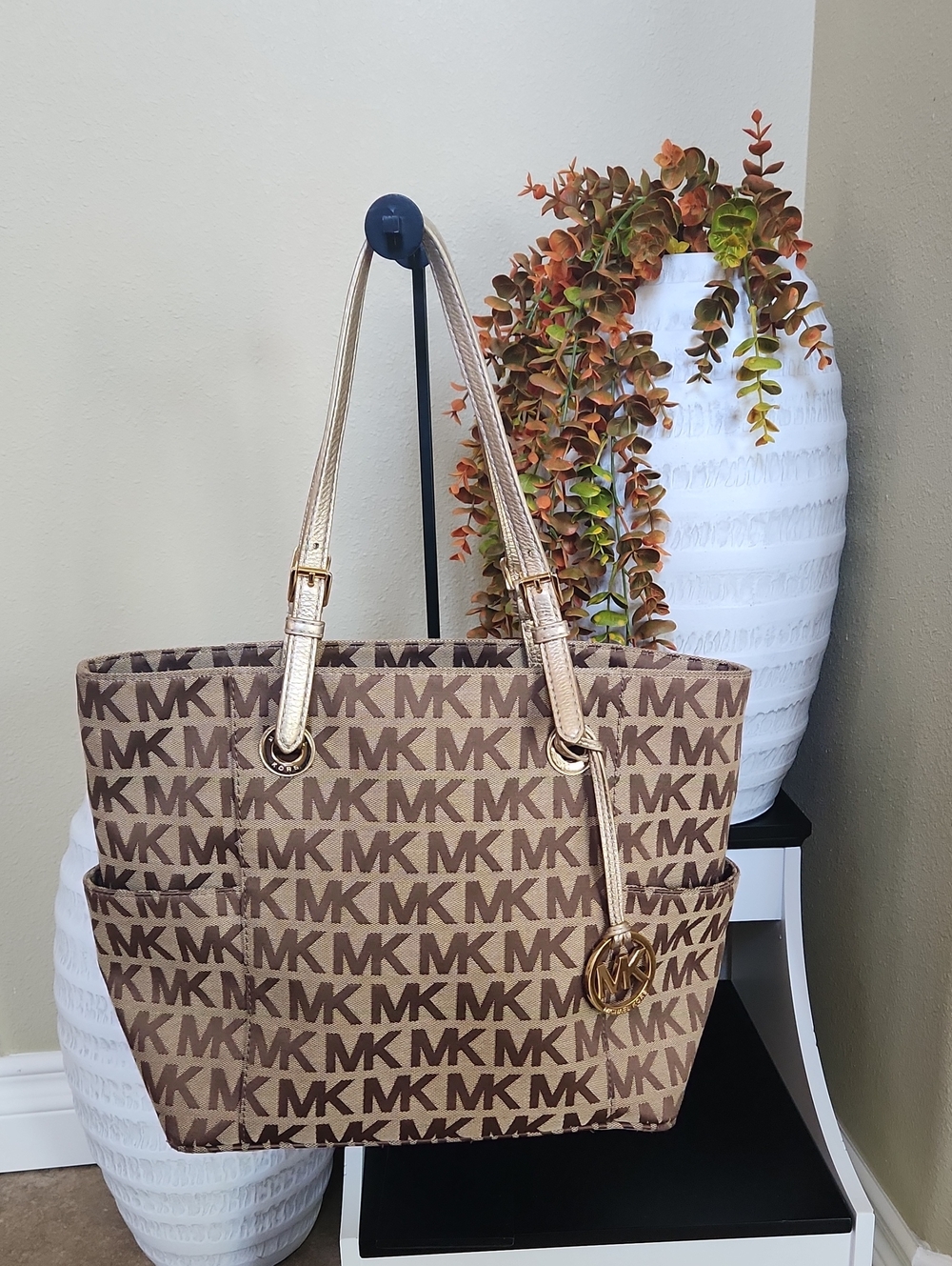 Michael Kors Beige and Brown MK Logo Tote with Gold Hardware
